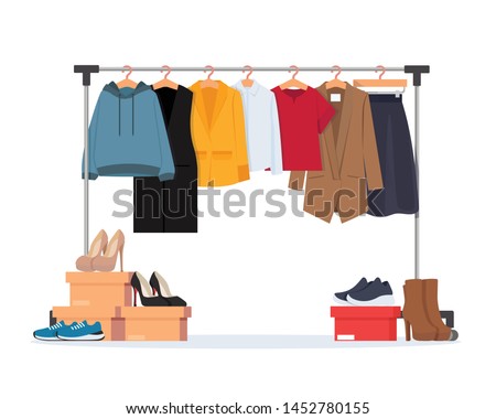 Clothes hanger with different casual woman clothes, footwear. Wardrobe. Vector illustration in flat style.