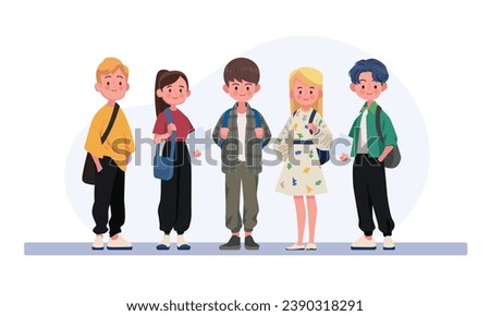 Group of young students. Flat style vector illustration isolated on white background.