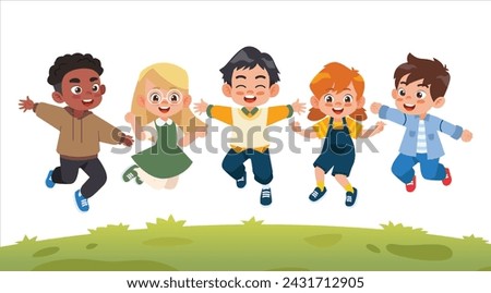 Happy cute kid jumping together. vector illustration