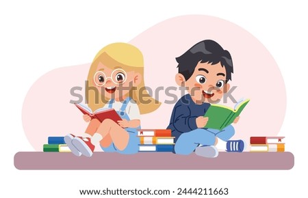 Cute boy and girl read books together