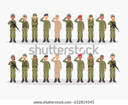 Group of army, men and woman, in camouflage combat uniform saluting. Cute flat cartoon style. Isolated vector illustration.