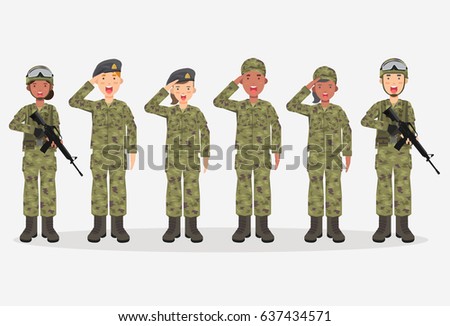 Group of army, men and woman, in camouflage combat uniform saluting. Cute flat cartoon style. Isolated vector illustration.