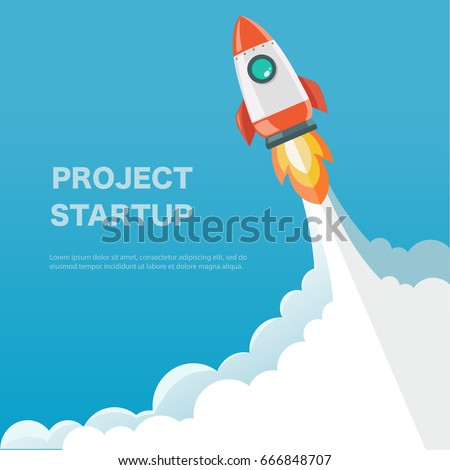 Rocket ship in a flat style. Space rocket launch. Project start up and development process.Innovation product,creative idea.Management. Vector illustration. Flat design.