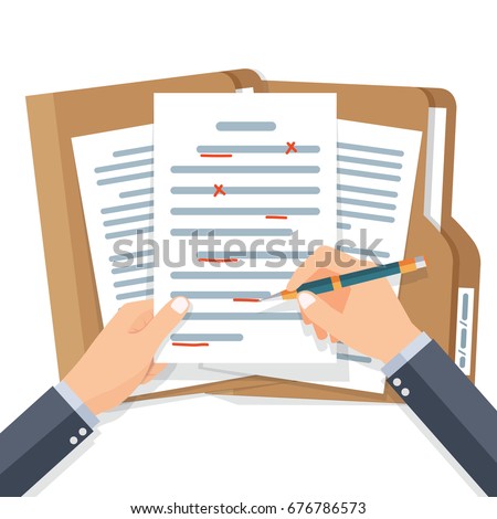 Editing documents to correct errors. Proofreader checks transcription written text. Spell check. Vector illustration flat design. Isolated on white background.