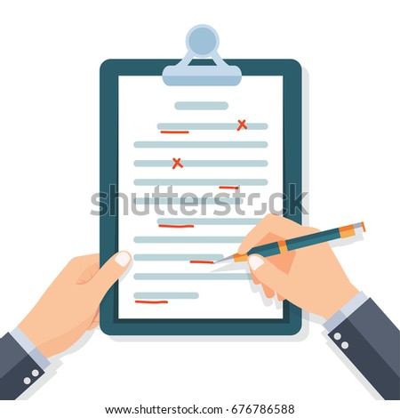 Editing documents to correct errors. Proofreader checks transcription written text. Clipboard and pen in hands of men. Spell check. Vector illustration flat design. Isolated on white background.