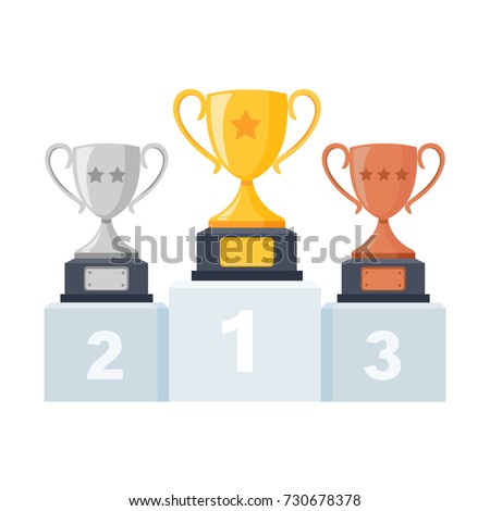 Gold, silver, bronze trophy cup, goblet on podium, pedestal isolated on background. 1st, 2nd, 3rd place. Handing awards to winner. Vector illustration
