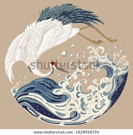 Crane and Japanese wave vector illustration for T-shirt.Traditional Chinese wave in circle.Beautiful line art of nature for printing on shirt.Asian art for doodle and painting on background.