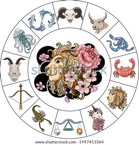 Leo and flower of Astrology design.horoscope circle with signs of zodiac set vector.signs such as a aries, taurus, gemini, cancer, leo, virgo, libra, scorpio, sagittarius, capricorn,aquarius, pisces. Foto stock © 