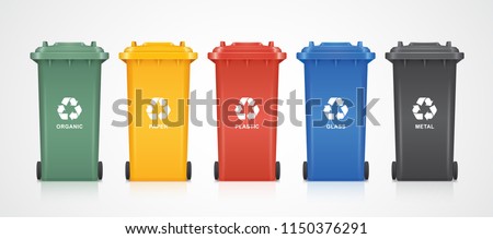 green, yellow, red, blue and black recycle bins with recycle symbol isolated on white background vector illustration