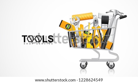 Construction concept tools shop service banner shopping cart with set all of tools supplies for house repair builder on white background vector illustration