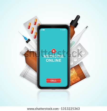 Healthcare and medical online phone with bottles set medicine, pills, healthcare and pharmacy on website for hospital and clinic vector illustration
