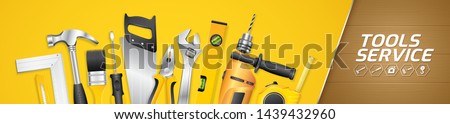 Construction concept tools shop service horizontal banner and flat icons set all of tools supplies for house repair builder on white background vector illustration