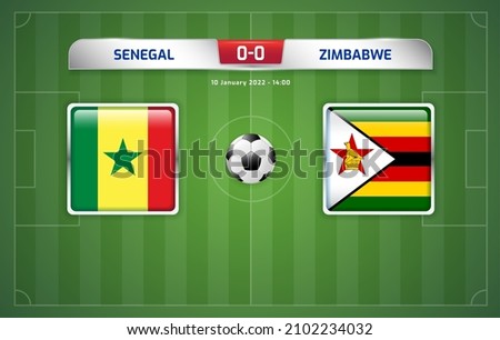 Senegal vs Zimbabwe scoreboard broadcast template for sport soccer africa tournament 2021 Group B and football championship in cameroon vector illustration Foto stock © 