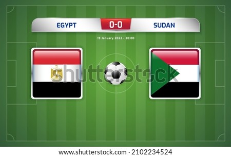 Egypt vs Sudan scoreboard broadcast template for sport soccer africa tournament 2021 Group D and football championship in cameroon vector illustration Foto stock © 