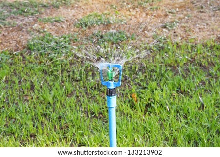 Sprinkler system working on green grass