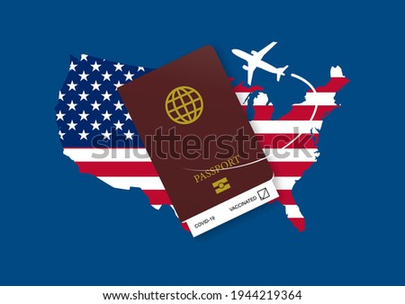 Reopening United States for airline travelling with health passport after coivd-19 vaccination. Illustration of USA flag and map, health passport and airplane.