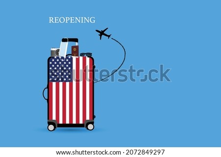 Concepts of airplane travel in United States of America after covid-19 pandemic. Illustration of USA flag on luggage, camera, face mask, vaccine passport and sunglasses.