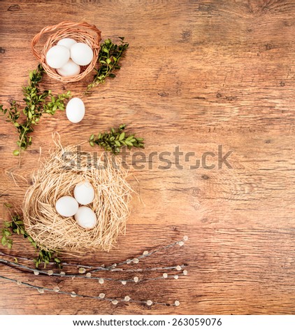 Easter natural composition  on a wooden table with space for text