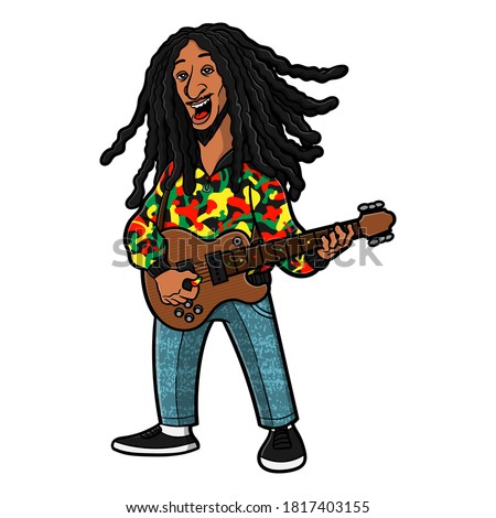 Dreadlocks man wearing clothing with camouflage reggae colors singing while playing guitars Cartoon Vector