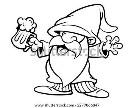 Cartoon illustration of Cute Garden Gnome drinking a Beer with a big cup of glass. Best for outline, decoration, logo, and coloring book with outdoor activities themes for kids