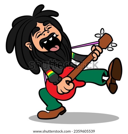 Dreadlocks men wearing a jacket with rasta colors playing a electric guitar at concert. Best for sticker, logo, and mascot with reggae music themes