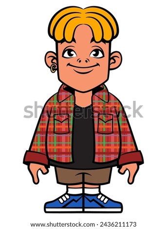 Cute blonde dreadlocks Boy cartoon characters wearing casual outfit like red flannel shirt, short pants, and sneakers. Best for sticker, logo, and mascot with fashion themes