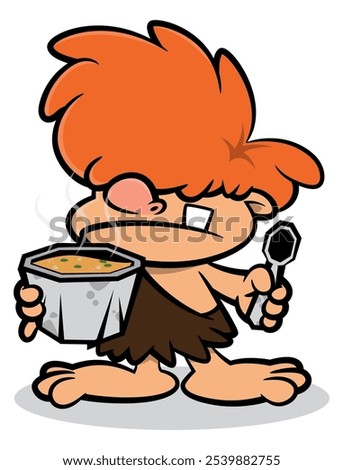 Little Cave man cartoon characters, eating hot soup with stones spoon and bowl. Best for sticker, logo, and mascot with healthy food themes for kids