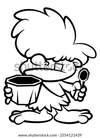 Little Cave man cartoon characters, eating hot soup with stones spoon and bowl. Best for coloring book, logo, and outline with healthy food themes for kids