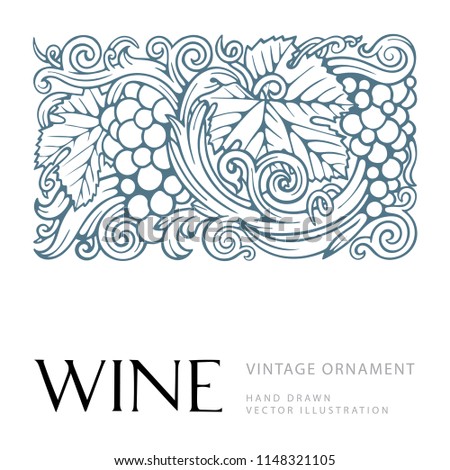 Hand drawn grape and vine ornament in the engraving style. Hand written word 'wine' with vine elements.
Letters connected with vine elements. Illustration of the wine theme.