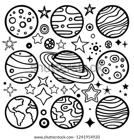 Planets. Hand drawn planets vector illustration set.
Planets sketch drawing.