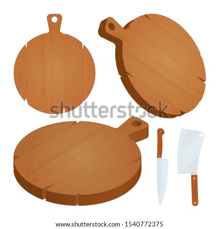 Wood cutting board. Round cutting boards, kitchen knife and cleaver vector illustrations set. Part of set.