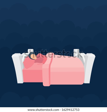 Sleeping woman in bed with clouds on background. Female peacefully resting in her bad. Good night sleep concept metaphor.  Part of set.