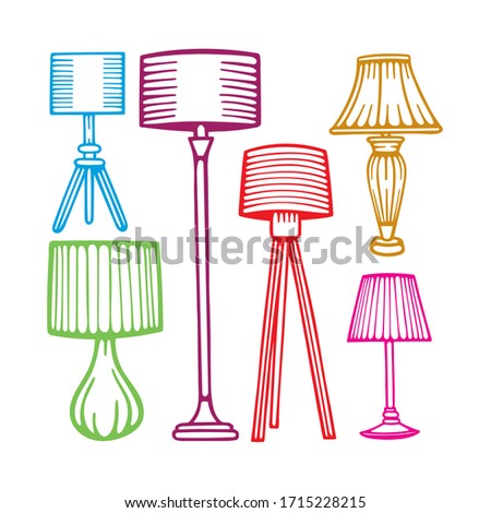 Different lamps hand drawn set. Decorative lamps and lampshades sketch drawing vector illustrations collection. 