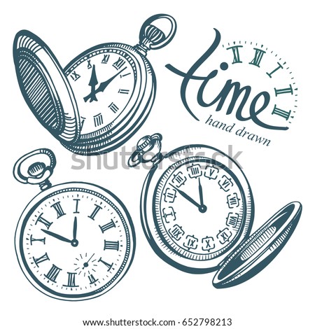 Vector ink hand drawn set of antique pocket watches. 
Black and white illustration isolated on white.