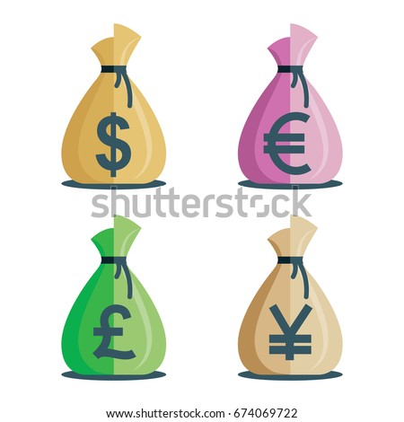 Money bag vector icons  illustration set.
Money Bag flat simple cartoon illustration with dollar, euro, pound and yen sign isolated on white background.