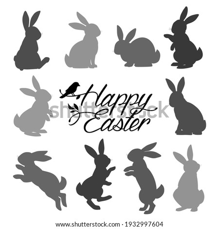 Rabbit and hare Easter collection - vector silhouette. Happy Easter set. Greeting card design for spring holiday with quote. Lettering, stencil, stamp 