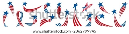 USA flag, Set of red blue stripes with stars , Design elements, 4th of July, Memorial day, Veterans day, Sticker set, Logo