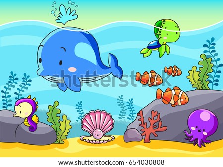Cute sea animals in the sea background