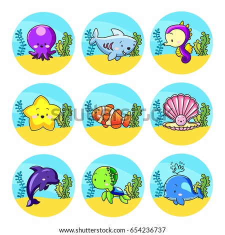 Collection cute sea animal in circle underwater logo