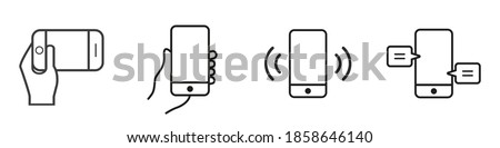 Mobile phone line icon. Mobile phone in hand. The smartphone vibrates. Hand holding a smartphone. Vector illustration on white background