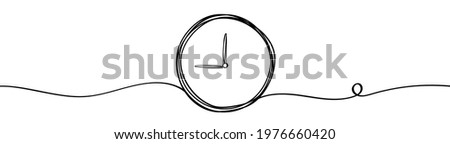 Continuous one line drawing clock icon with doodle handdrawn style. Vector illustration on white background.