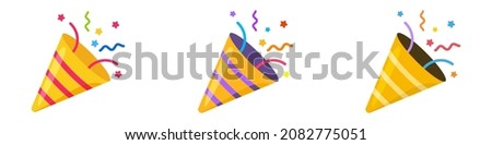 Set confetti party popper icon, fireworks logo, cap, flat design. Vector illustration isolated on white background.