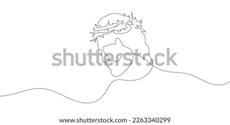 Continuous one line drawing of Jesus Christ with crown of thorns. Linear background. Vector illustration