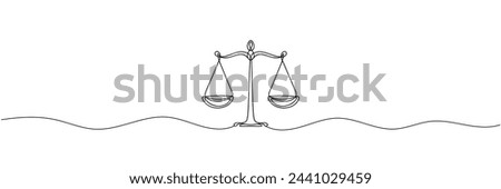 One solid line draws the balance of law and the scope of justice. Libra thin icon. Vector illustration.