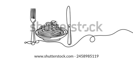 One continuous line drawing of fresh delicious Italian spaghetti pasta restaurant logo emblem. Italy fast food noodle shop logotype template concept.