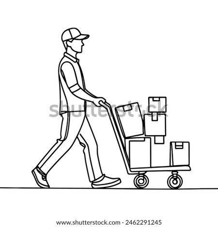 Single line drawing of a courier with a cardboard box with a trolley. Delivery service concept. Vector illustration of continuous line drawing.