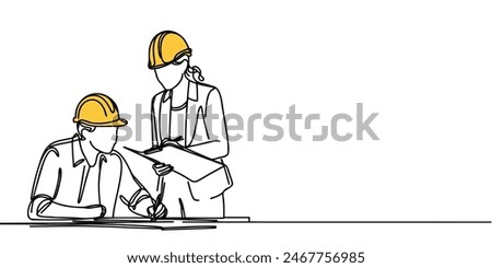 Continuous line drawing of a businessman and businesswoman in a factory, two professional people in helmets, working. Vector illustration.