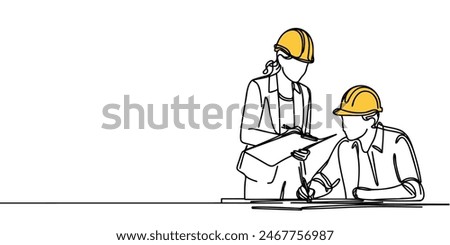 Continuous line drawing of a businessman and businesswoman in a factory, two professional people in helmets, working. Vector illustration.