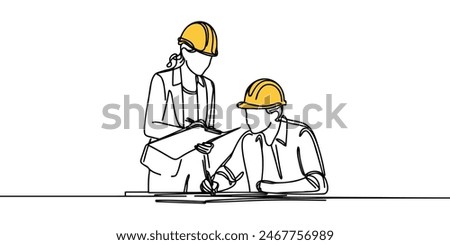 Continuous line drawing of a businessman and businesswoman in a factory, two professional people in helmets, working. Vector illustration.