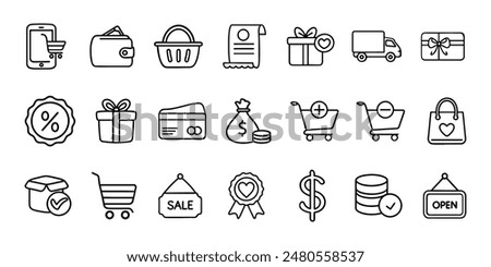 Set of linear shopping icons on white.